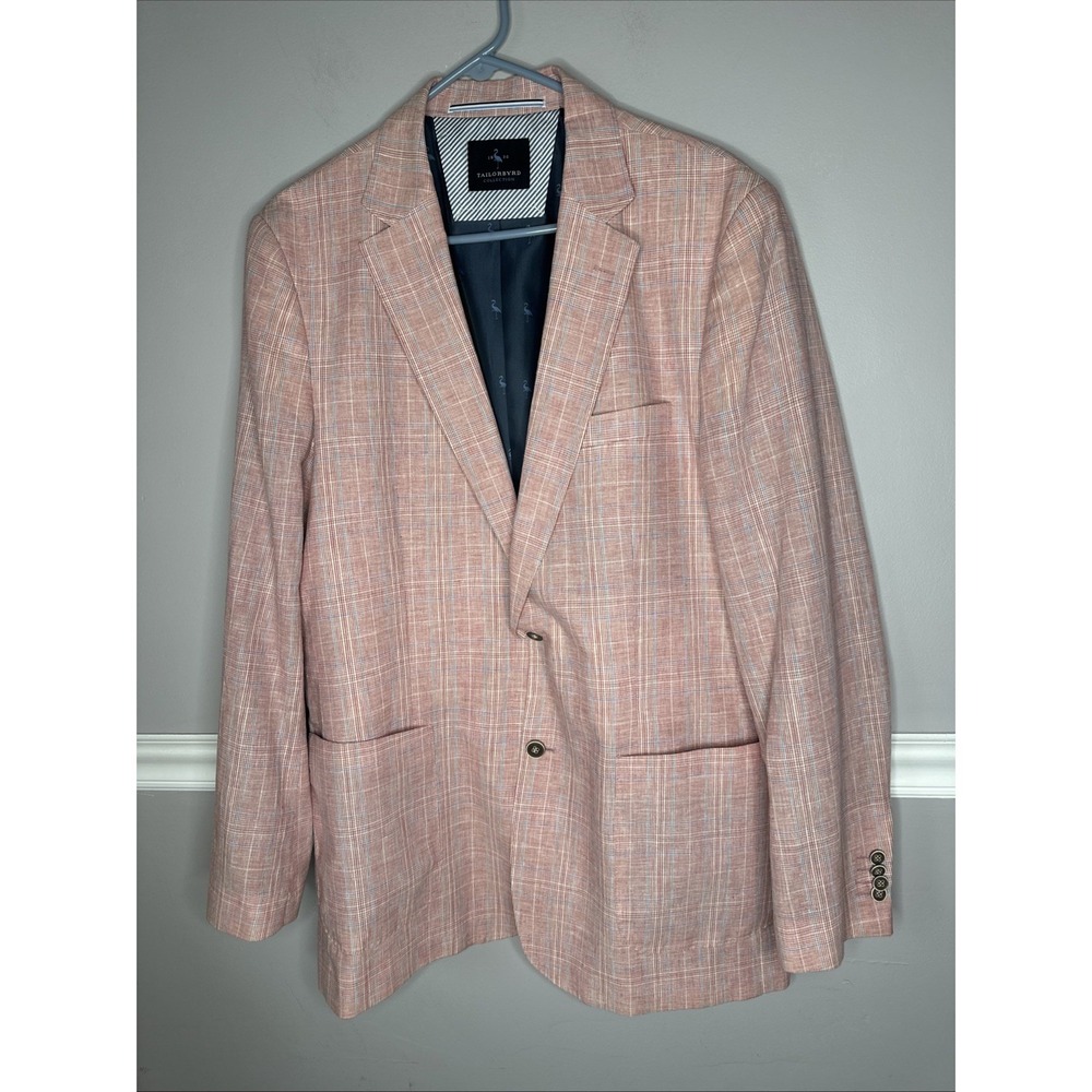 TAILORBYRD Men's Blazer Pink/Red & Blue Linen Blend Preppy Plaid Sport Coat 44L